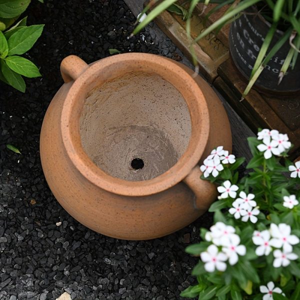 Vintage-Inspired Plaid Imitation Terracotta Planter with Dual Handles - Breathable, Drainage Hole for Indoor/Outdoor Use, Round Garden Pot for Flowers & Plants