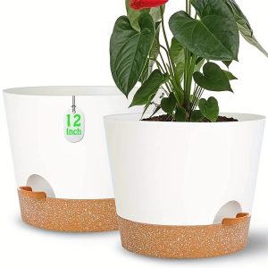 12+12Inch 2Pack Large Flower Pots for Indoor/Outdoor Plants, Self Watering Planters with Reservoir and Drainage Hole White Plastic Planting Pots Modern Home Decor Gift Idea