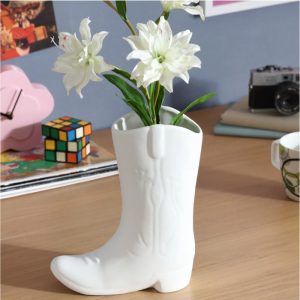 White Ceramic Cowboy Boot Vase, 8.75in Tall