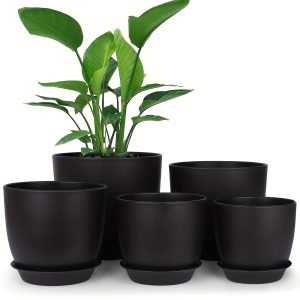 5pcs, Plastic Planter 7/6/5.5/4.8/4.5 Inch Flower Pot Indoor Modern Decorative Plastic Pots For Plants With Drainage Hole And Tray For All House Plants, Succulents, Flowers, And Cactus, Black