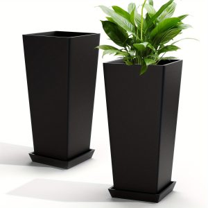 2Pcs Outdoor Planters 24 Inch, Outdoor Planter Larger Flower Pots Indoor Taper Garden V Shape Tall Planters 24 Inches Garden Planter - Black