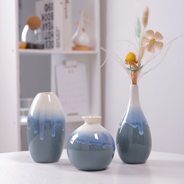 3-Piece Set Contemporary Ceramic Vases, Blue Drip Glaze Design, Home Decor Tabletop Accent Pieces