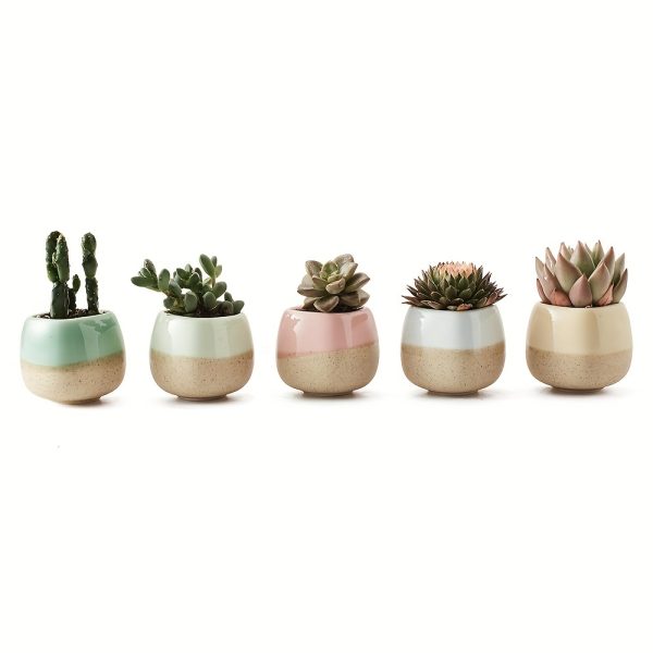 5pcs/set Mini Plant Pots Flowing Glaze Five Color Base Serial Set Succulent Cactus Pot Flower Pot Decorative Ceramic Planter For Home Office Outdoor Garden Perfect Gift Idea For Women With Drain Hole 2.56in (Plants Not Included)