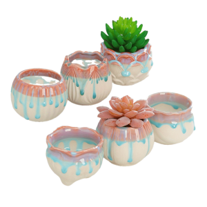 Findmoreart Classic Ceramic Succulent Pots - Set of 6, Flow Glaze Patterned Pink Round Planters with Drainage Hole for Indoor & Outdoor Use, Ideal for Cactus and Small Plants