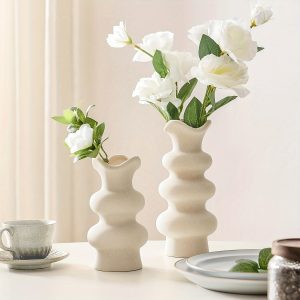 Modern Decorative White Ceramic Vases for Home Decor 8.3 Inch, Abstract Minimalist Vase for Pampas Grass, Boho Flower Vase, Aesthetic Cream Vase