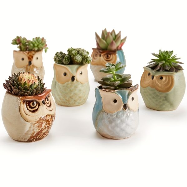 6pcs/set Owl Pot Ceramic Flowing Glaze Base Serial Set Succulent Plant Pot Cactus Plant Pot Flower Pot Container Planter With Drainage Hole Home Office Desk Garden Gift Idea, 2.36inch, Plants Are Not Included