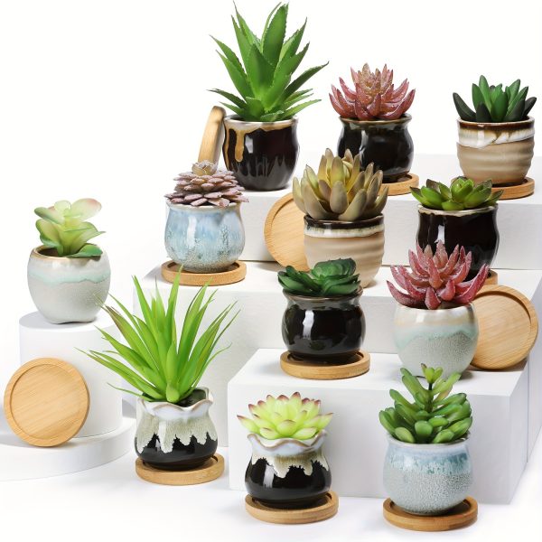 2.5 Inch Small Succulent Pots Assorted Succulent Pots With Drainage Ceramic Succulent Planter Pot Bamboo Plant Tray Planting Pot Flower Pots For Home Office Garden (Rich Color, 24 Pcs)