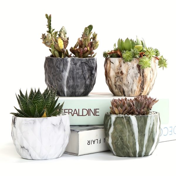 4pcs/ Set, Marble Pattern Mini Succulent Pots, Modern Ceramic Collection, Cactus Planters, For Indoor Home Decor, School, Office, Garden, Outdoor, Creative Gifts, Women's Present, 3.35inch/8.5cm Plants Not Included