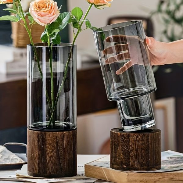 Handcrafted Wooden Glass Vase - Rustic Cylinder Design for Fresh & Dry Flowers, Perfect for Home Decor