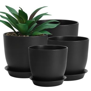 4pcs Flower Pots Plastic Plant Pots 10/9/8/6 Inch Flower Planter Pot Indoor for Plants with Drainage Hole and Tray Modern Decorative for Gifts Succulents Flowers Cactus, Black